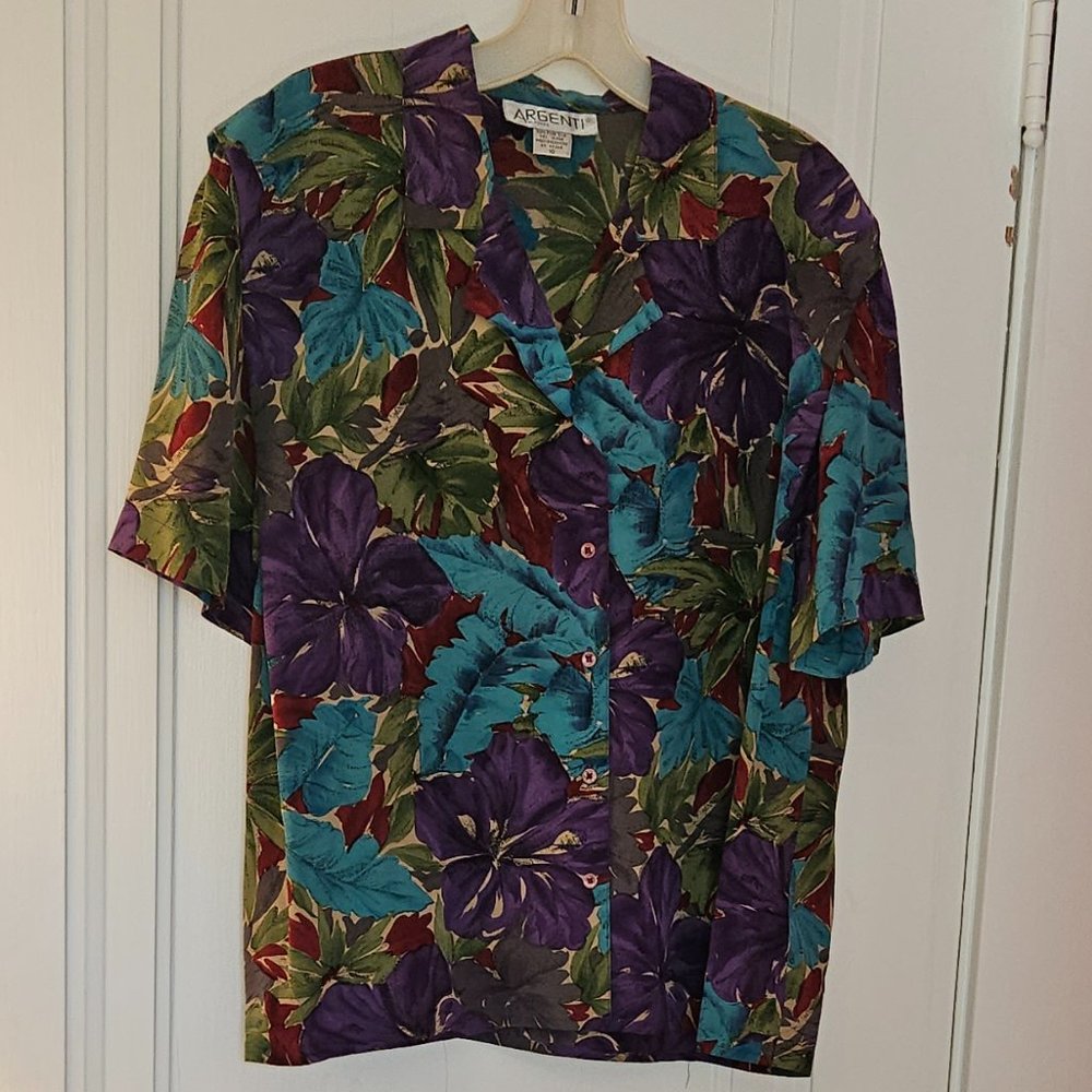 Argenti Women's Tropical Print Top - 100% Silk - Size 10